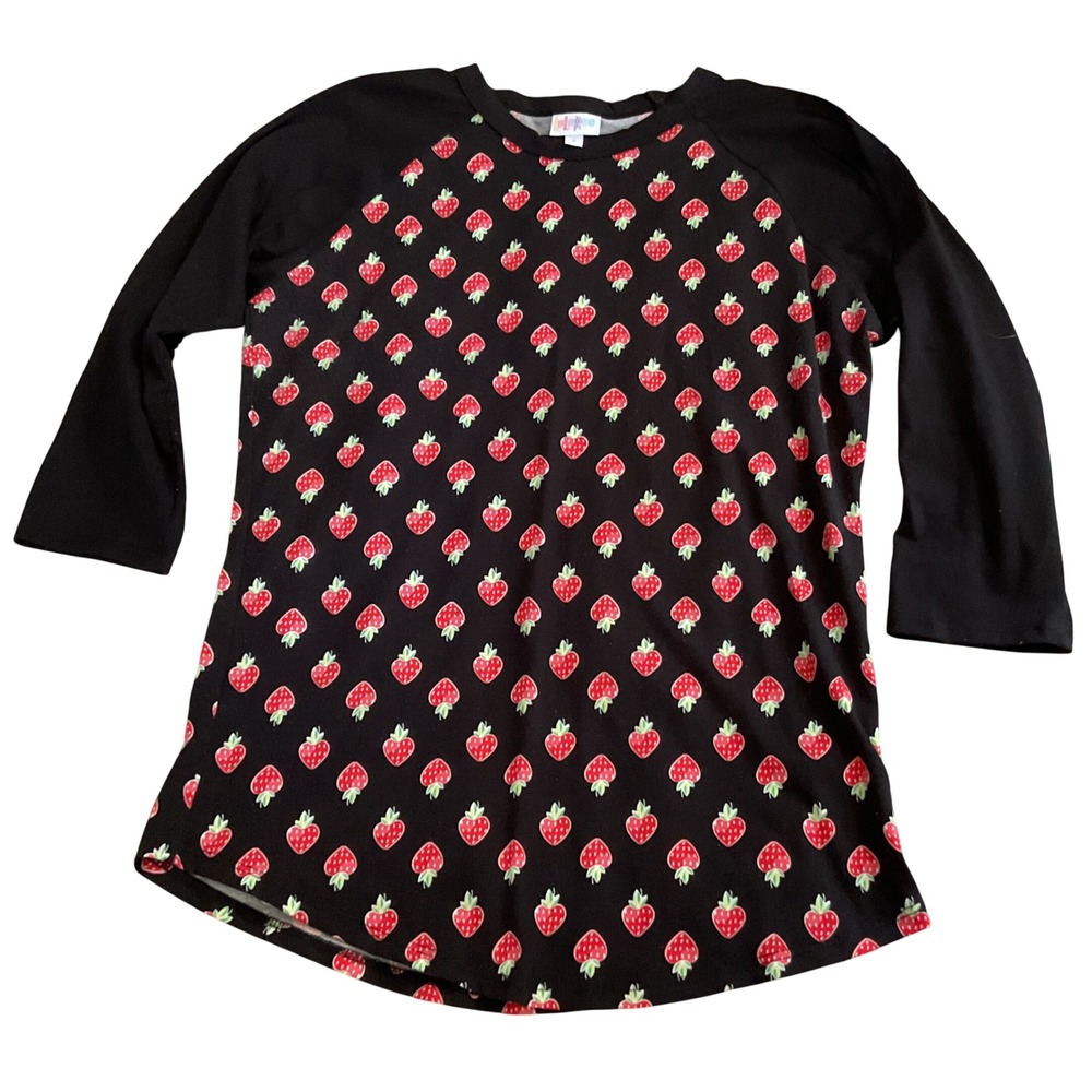 LuLaRoe Randy Strawberry Print Raglan Baseball Tee Black Red 3/4 Sleeve‎ Small